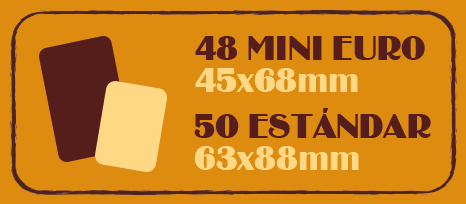 48 cartas mini euro de 45×68 mm y 50 cartas estándar de 63×88 mm