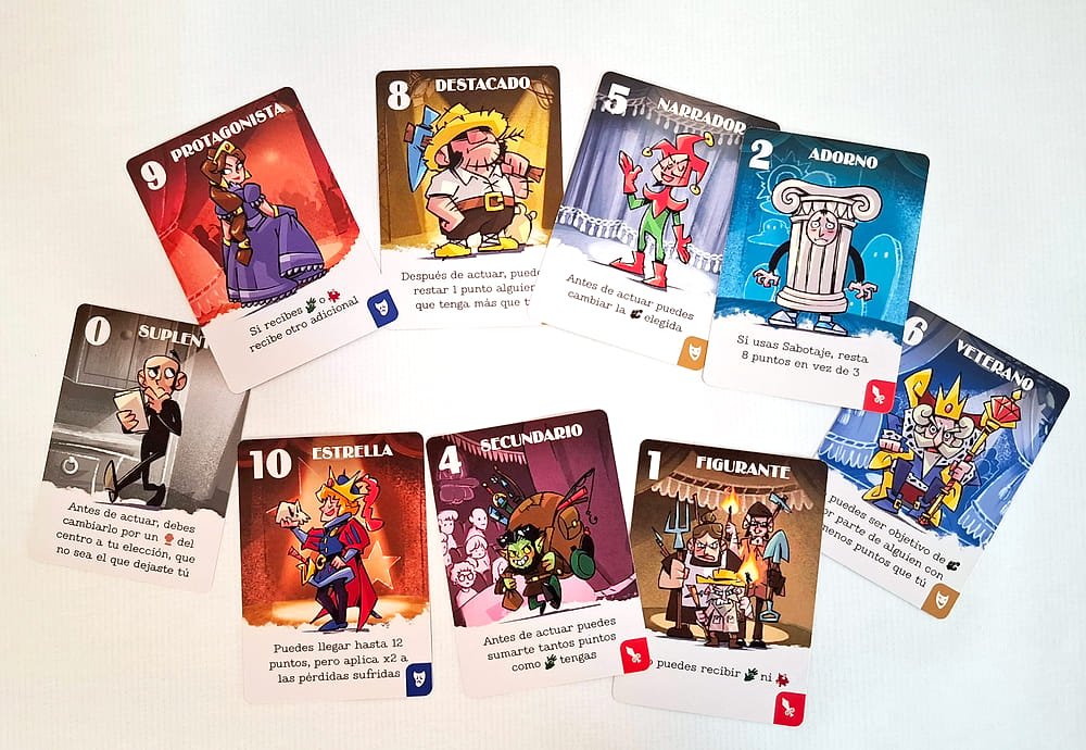 Once cartas de Personaje desplegadas en abanico, del Suplente a la Estrella, cada una con su ilustración y su efecto
